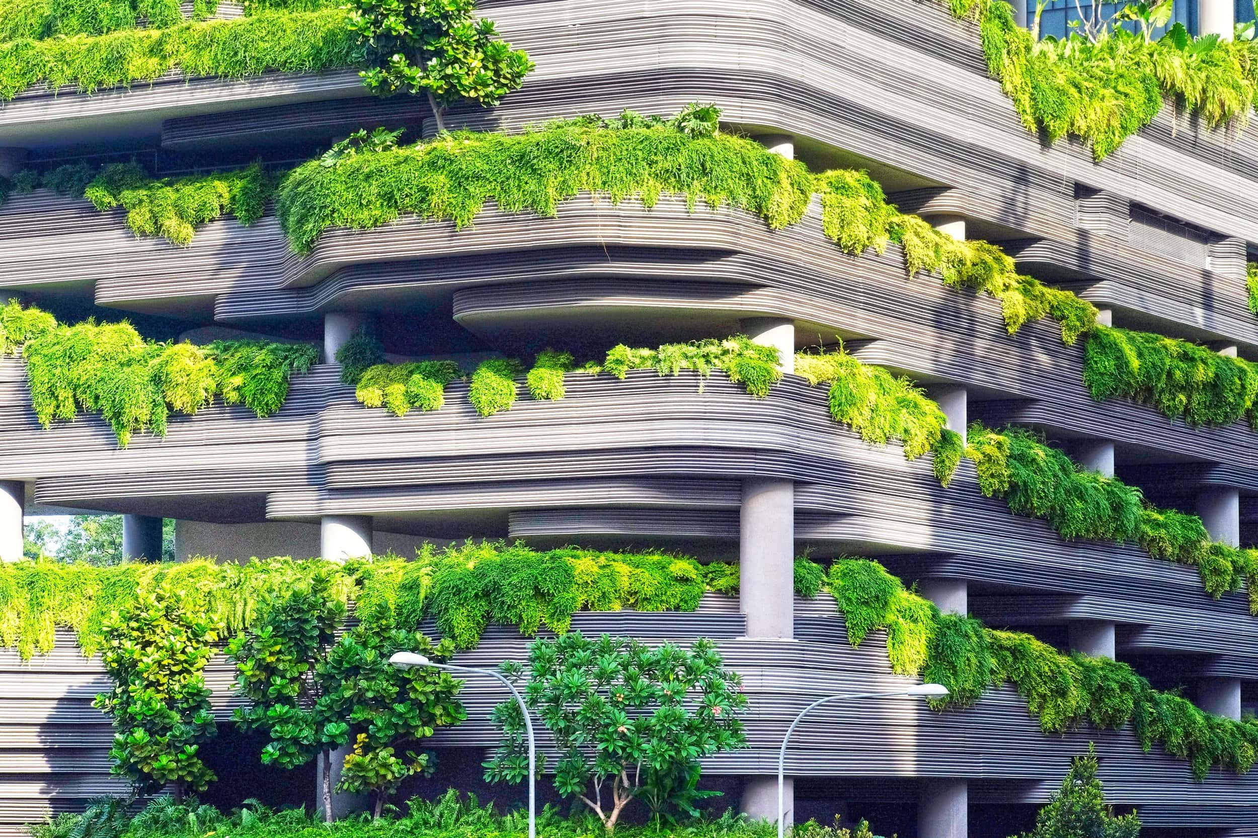Building with cascading green plants on the sides