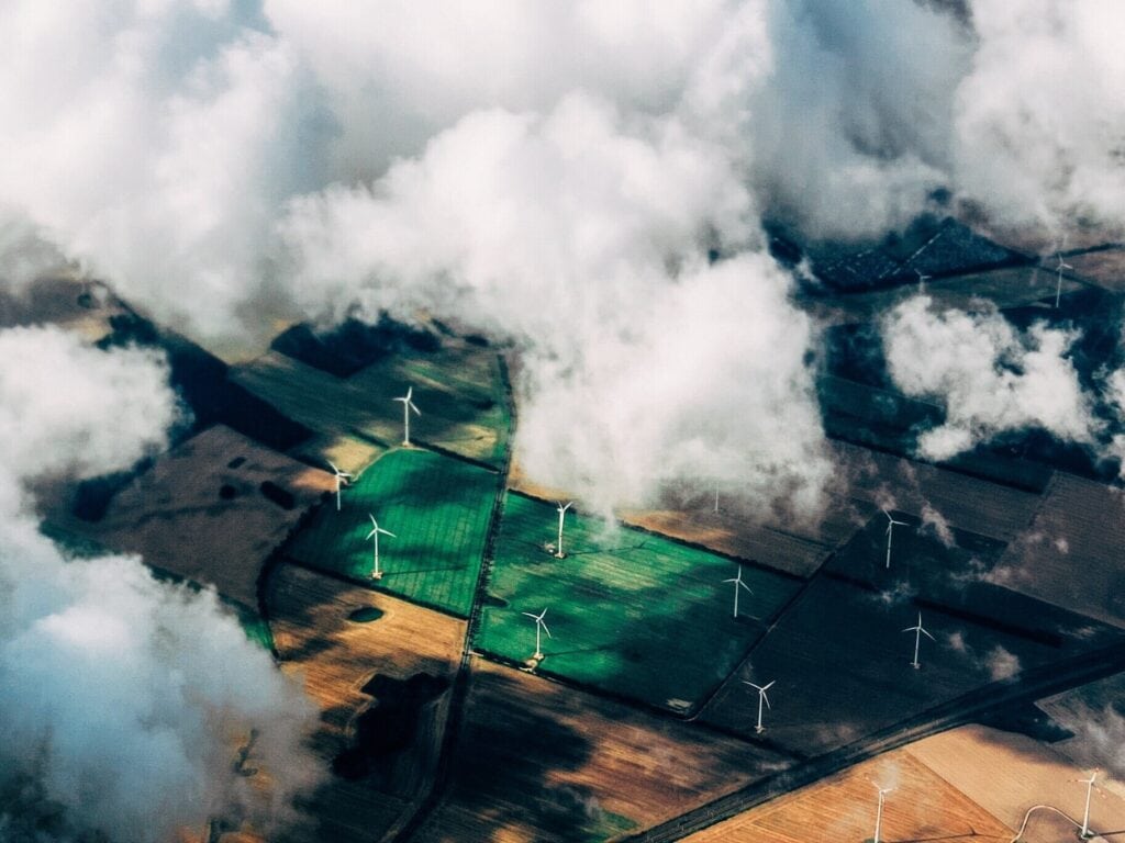 fields with wind turbines